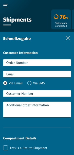 Phone-sized screenshot of the merchant UI for quickly entering details for a new order