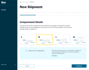 Desktop-sized screen layout of the compartment size selection, showing large buttons with clear diagrams of the compartments