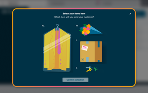 A modal displaying four everyday items of different sizes, to fit the available sizes of Box compartments — a suit from the dry cleaners, a bouqet of flowers, a parcel, and a bunch of keys with an Ampelmann keyring